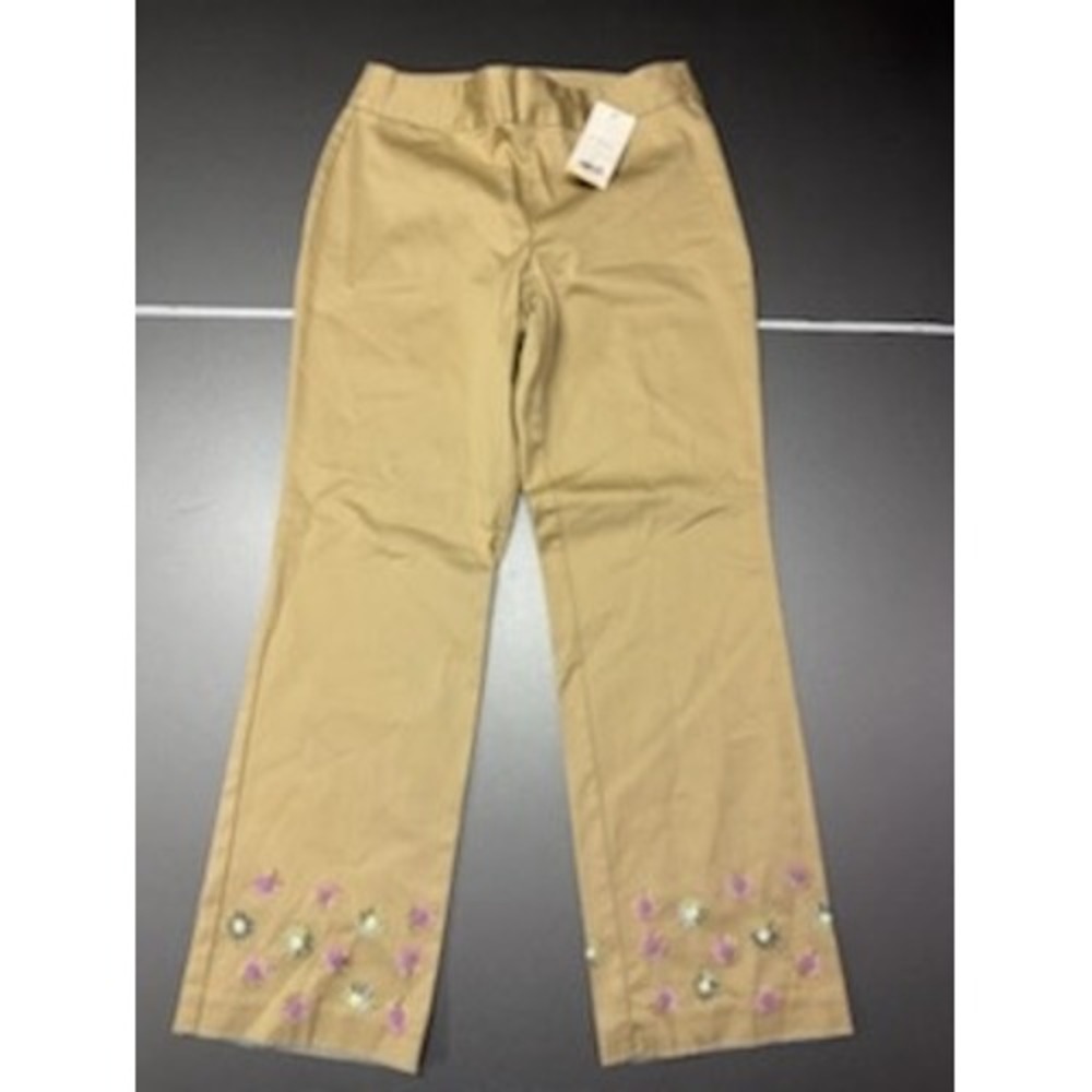 Sigrid Olsen Sport Flax Tan Embroidered Floral Hem Pants SOMU2191 Size 6